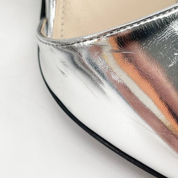Prada Metallic Silver Leather Heart Cutout Wedge Ankle Strap Sandal size IT 36 - Picture 8 of 16